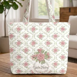 Pink Flower Bouquet Green Vine Wreath Everyday Gift Quilted Tote Bag