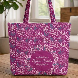 Personalized Name Botanical Wreath Teal Leaves Pink Flowers - Everyday Tote Gift Quilted Tote Bag