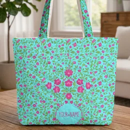 Fuchsia Green Floral Medallion Botanical Vines Wreath Everyday Tote Quilted Tote Bag