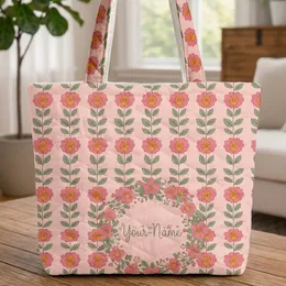 Personalized Folk Floral Wreath Pink Blooms - Nature Lover Birthday Quilted Tote Bag