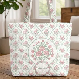 Pink Floral Sprigs Diamond Trellis Bouquet - Everyday Carryall Present for Women Quilted Tote Bag