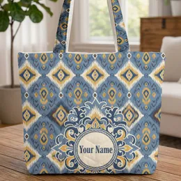 Ikat Ogee Diamond Shapes Medallion 'Your Name' Boho Home Decor Gift Quilted Tote Bag