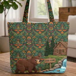 Brown Bear Waterfall Log Cabin Botanical - Nature Explorer Everyday Tote Quilted Tote Bag