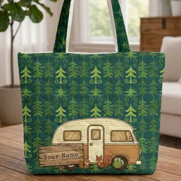 Vintage Camper Van Pine Tree Scene Camping Trip Gift for Camper Van Lover Quilted Tote Bag