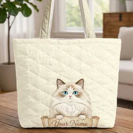 Fluffy Blue Eyed Cat Name Scroll Quilted Lines - Cat Lover Gift Quilted Tote Bag