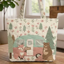 Vintage Pastel Camper Van Wildflowers - Road Trip Adventure Gift for Camper Lover Quilted Tote Bag