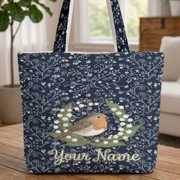 Robin Bird White Lily of the Valley Bell Flowers Swirling Vines - Nature Lover Gift Quilted Tote Bag
