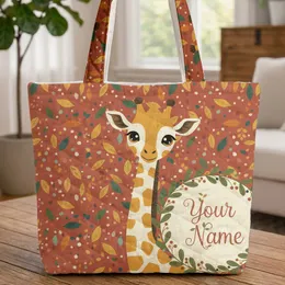 Baby Giraffe Personalized Name Floral Wreath Leaf Shapes - Wildlife Lover Gift Quilted Tote Bag