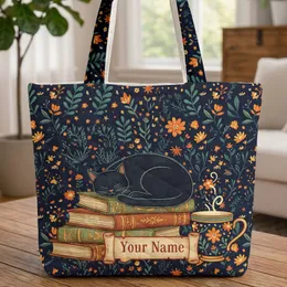 Sleeping Black Cat Ornate Books Floral Celestial Stars - Book Lover Cat Gift Quilted Tote Bag