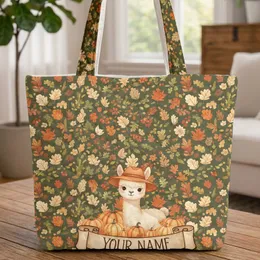 Baby Alpaca Autumn Pumpkins Your Name Scroll - Fall Season Alpaca Lover Gift Quilted Tote Bag