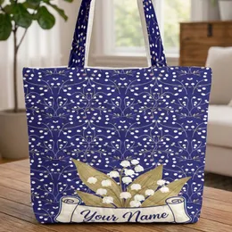 Lily of the Valley Indigo Berry Vine Swirling Floral - Everyday Tote Home Decor Gift Quilted Tote Bag