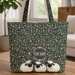Sheep Floral Wreath Green Foliage Flowers Nursery Decor Gift for Baby Shower Quilted Tote Bag