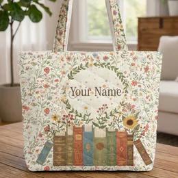 Vintage Book Spines Wildflowers Personalized Name - Bookish Keepsake Gift Quilted Tote Bag