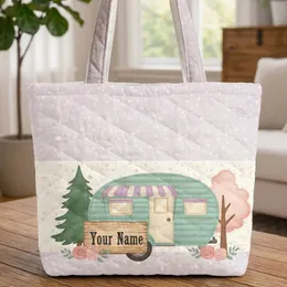 Retro Camper Your Name Pine Tree Roses - Travel Essentials Gift for Camper Lover Quilted Tote Bag