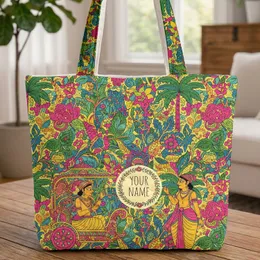 Indian Figures Botanical Foliage Floral Wreath - Folk Art Lifestyle Gift Quilted Tote Bag