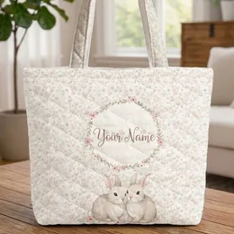 Pastel Wildflower Blossom Nuzzling Bunnies 'Your Name' Wreath - Everyday Gift Quilted Tote Bag