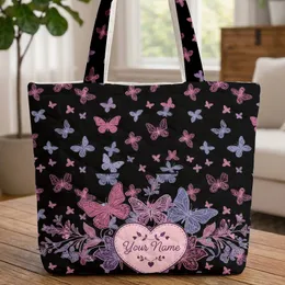 Scattered Ornate Butterflies Floating Heart Leaf Accents Black Background Everyday Tote Quilted Tote Bag