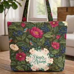 Perching Birds Botanical Flowers Floral Wreath Personalized Name - Nature Lover Gift Quilted Tote Bag