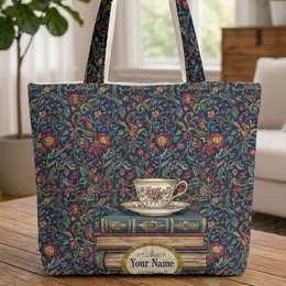 Ornate Antique Books Teacup Wildflowers Personalized Name - Bookworm Tea Time Gift Quilted Tote Bag