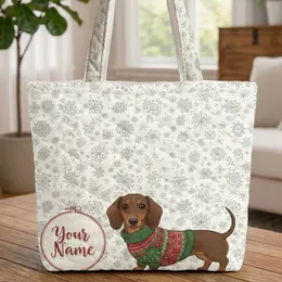Dachshund Christmas Sweater Snowflakes Personalized Name - Holiday Dog Lover Gift Quilted Tote Bag