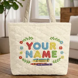 Colorful Block Letters Crayons Floral Leaf Accent - School Gift for Students Quilted Tote Bag