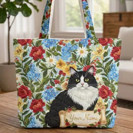 Black and White Cat Floral Garden - Pet Lover Everyday Carryall Gift Quilted Tote Bag