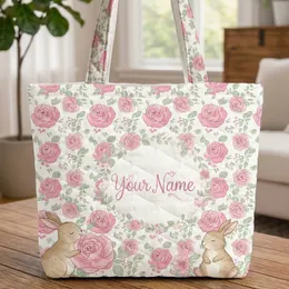 Bunnies Rose Floral Wreath Personalized - Everyday Keepsake Accessory Quilted Tote Bag