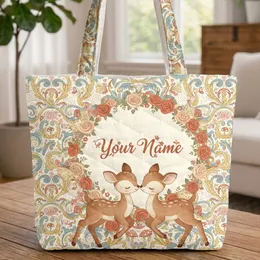 Fawns Nuzzling Roses Acanthus Scrollwork Mushrooms - Name Floral Wreath Everyday Gift Quilted Tote Bag