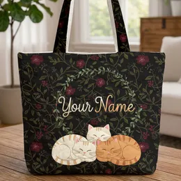 Sleepy Cats Floral Wreath Botanical Vines Personalized - Cat Lover Everyday Tote Quilted Tote Bag