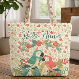 Tropical Parrots Hibiscus Palm Fronds Personalized Your Name - Tropical Lover Gift Quilted Tote Bag