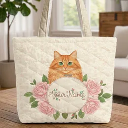 Orange Cat Large Blooming Rose Vine Personalized Name - Cat Mom Daily Gift Quilted Tote Bag