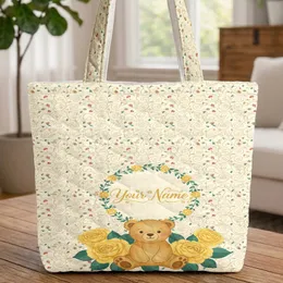 Bear Roses Leaves Vines Rosebuds Wreath Your Name - Baby Shower Gift for Bear Lover Quilted Tote Bag