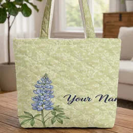 Lupine Flower Blue Blooms Green Leaves Botanical Vines - Nature Lover Travel Gift Quilted Tote Bag
