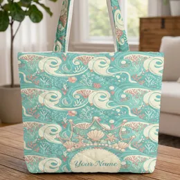 Ornate Mermaid Crown Seashells Starfish Pearls Your Name - Aquatic Lover Gift Quilted Tote Bag
