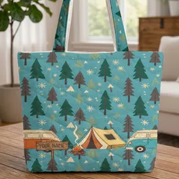Camper Van Tent Campfire Pine Tree Mountain Scene - Outdoor Explorer Travel Tote Gift Quilted Tote Bag