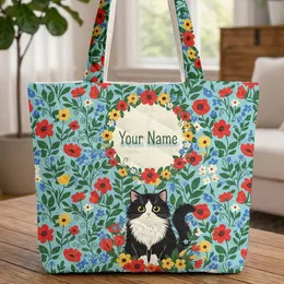 Personalized Black White Cat Wildflower Garden - Everyday Tote for Cat Lover Quilted Tote Bag