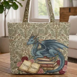 Blue Dragon Ornate Books Personalized Name - Fantasy Lover Gift for Bookworm Quilted Tote Bag