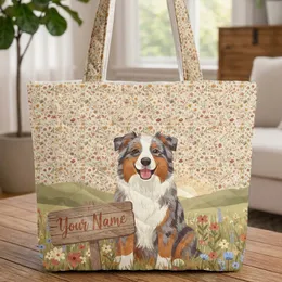Australian Shepherd Wildflower Field Name Sign Hills - Dog Lover Everyday Tote Quilted Tote Bag