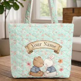 Personalized Name Bear Bunny Nuzzle Flowers - Everyday Carry Gift Quilted Tote Bag