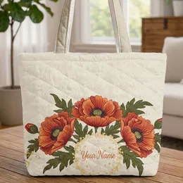 Three Botanical Poppy Flowers Personal Name Wreath - Personalized Everyday Gift Quilted Tote Bag