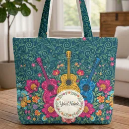 Ornate Acoustic Guitars Floral Vines Personalized - Music Lover Gift Quilted Tote Bag