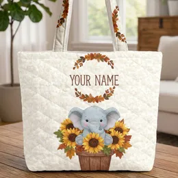 Baby Elephant Sunflowers Autumn Leaves - Autumn Season Gift for Elephant Lover Quilted Tote Bag