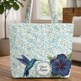 Iridescent Hummingbird Hibiscus Swirling Botanical Vines Leaves - Everyday Use Gift Quilted Tote Bag