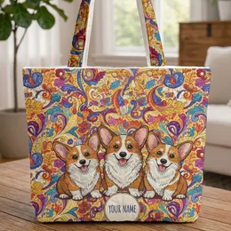 Pembroke Welsh Corgi Dogs Swirling Leaves Floral Butterflies Personalized Gift for Dog Lovers Quilted Tote Bag