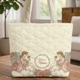 Angelic Figures Rose Garlands Feathered Wings Botanical Vines Scattered Stars - Home Decor Gift Quilted Tote Bag