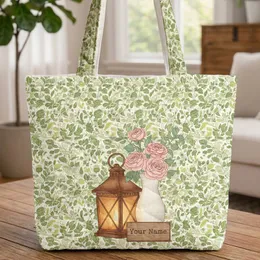 Forest Leaves Rustic Lantern Wildflowers Wooden Sign Farmhouse Home Decor Gift Quilted Tote Bag