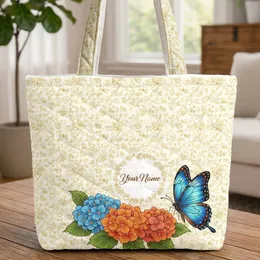 Blue Morpho Butterfly Hydrangea Floral Wreath Botanical Vines - Nature Inspired Decor Quilted Tote Bag