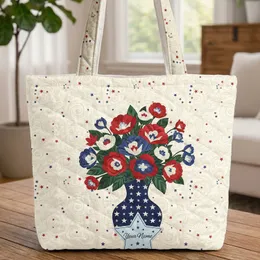 Red White Blue Floral Vase Swirling Vines Star Cartouche - Everyday Home Decor Gift Quilted Tote Bag
