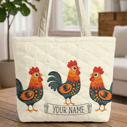Folk Art Roosters Floral Leafy Scroll Wavy Swirls - Farmhouse Home Decor Everyday Tote Gift Quilted Tote Bag
