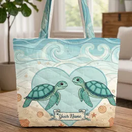 Sea Turtles Heart Ocean Waves Beach Personalized - Beach Lover Gift Quilted Tote Bag